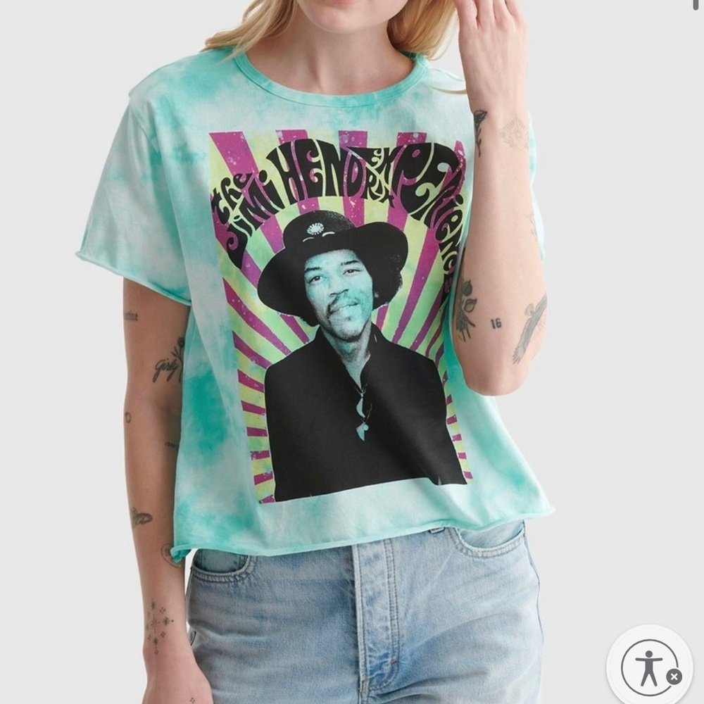 Lucky Brand ☘️ Green/Aqua Tie Dye Distressed Jimi Hendrix Graphic Crop Tee L